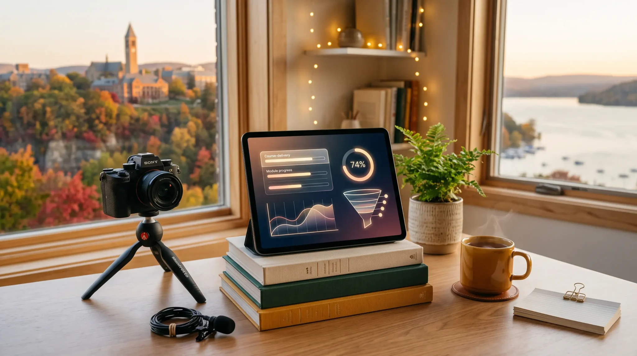 ai implementation for online course creators workspace with tablet module-progress interface and Ithaca New York gorge-and-campus skyline
