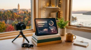 ai implementation for online course creators workspace with tablet module-progress interface and Ithaca New York gorge-and-campus skyline