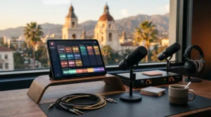 ai implementation for podcast networks workspace with tablet multi-show dashboard interface and Pasadena California city-hall-and-mountains skyline