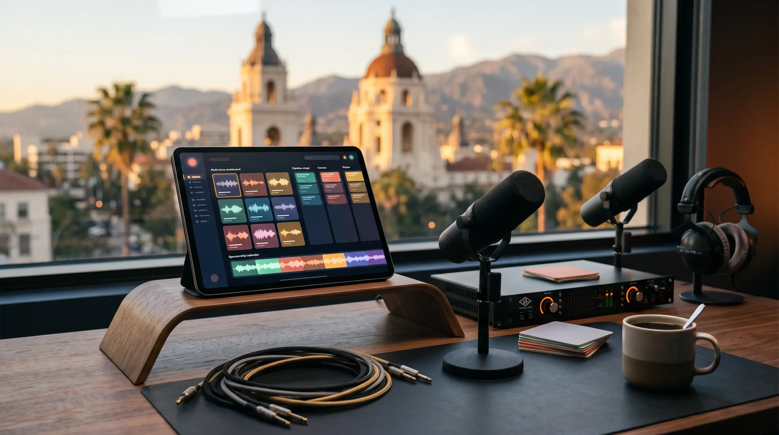 ai implementation for podcast networks workspace with tablet multi-show dashboard interface and Pasadena California city-hall-and-mountains skyline