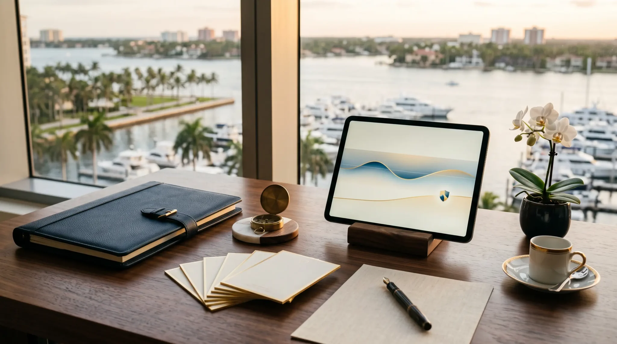 ai implementation for private wealth advisors workspace with tablet interface and West Palm Beach Florida waterfront skyline