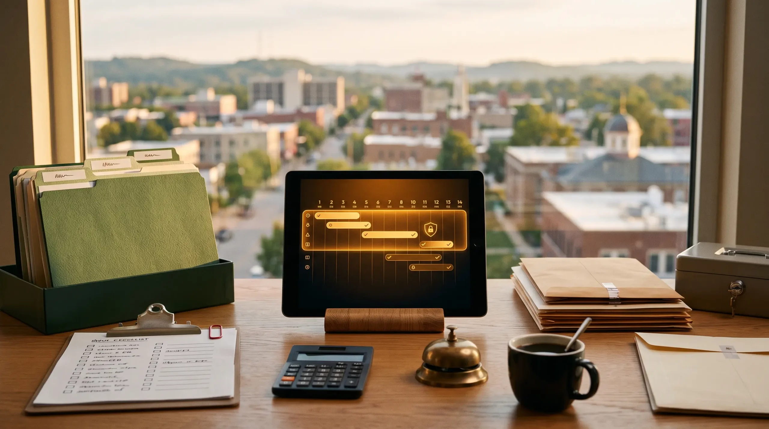 ai implementation for tax preparers workspace with tablet interface and Springfield Missouri skyline