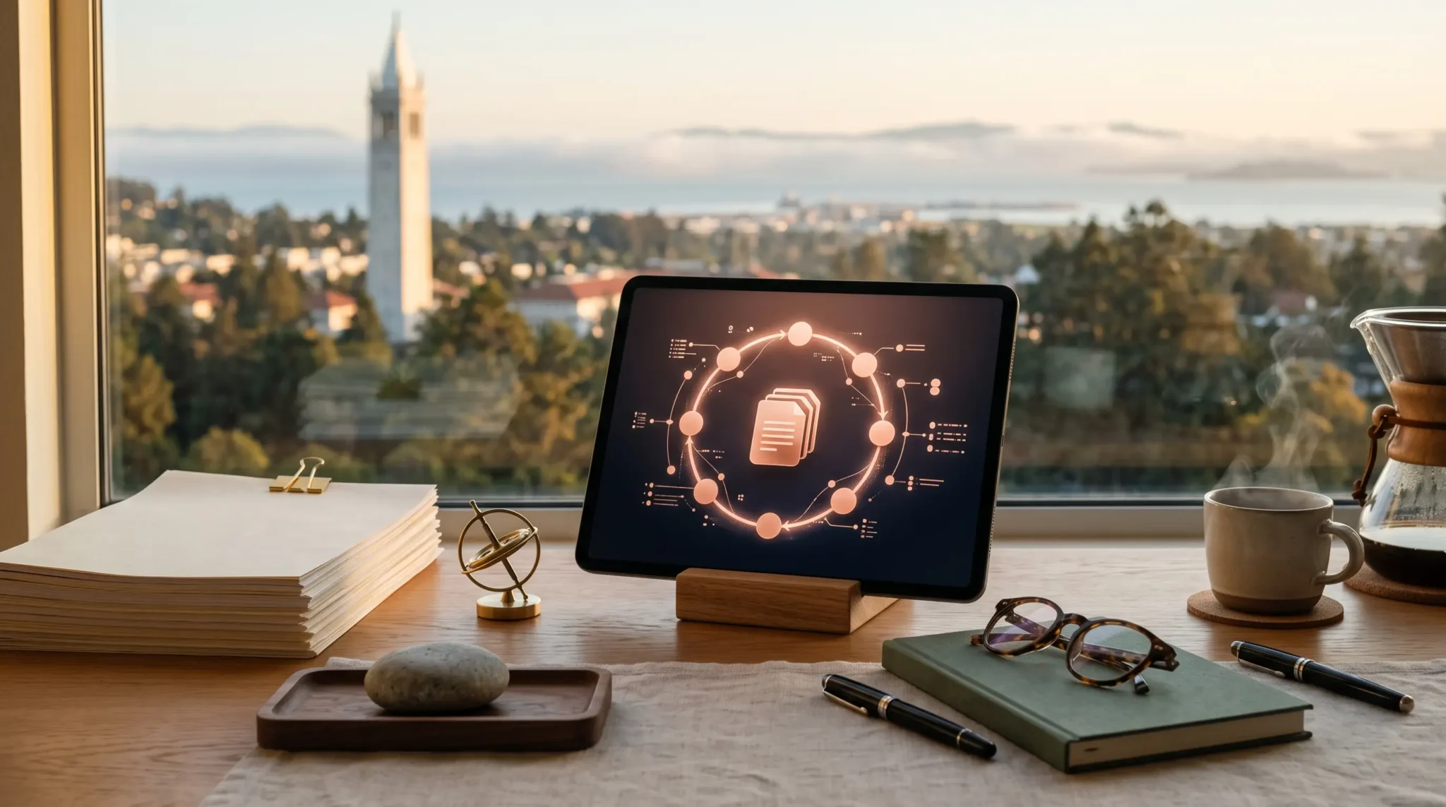 anthropic api consulting business workspace with tablet interface and Berkeley California bay skyline
