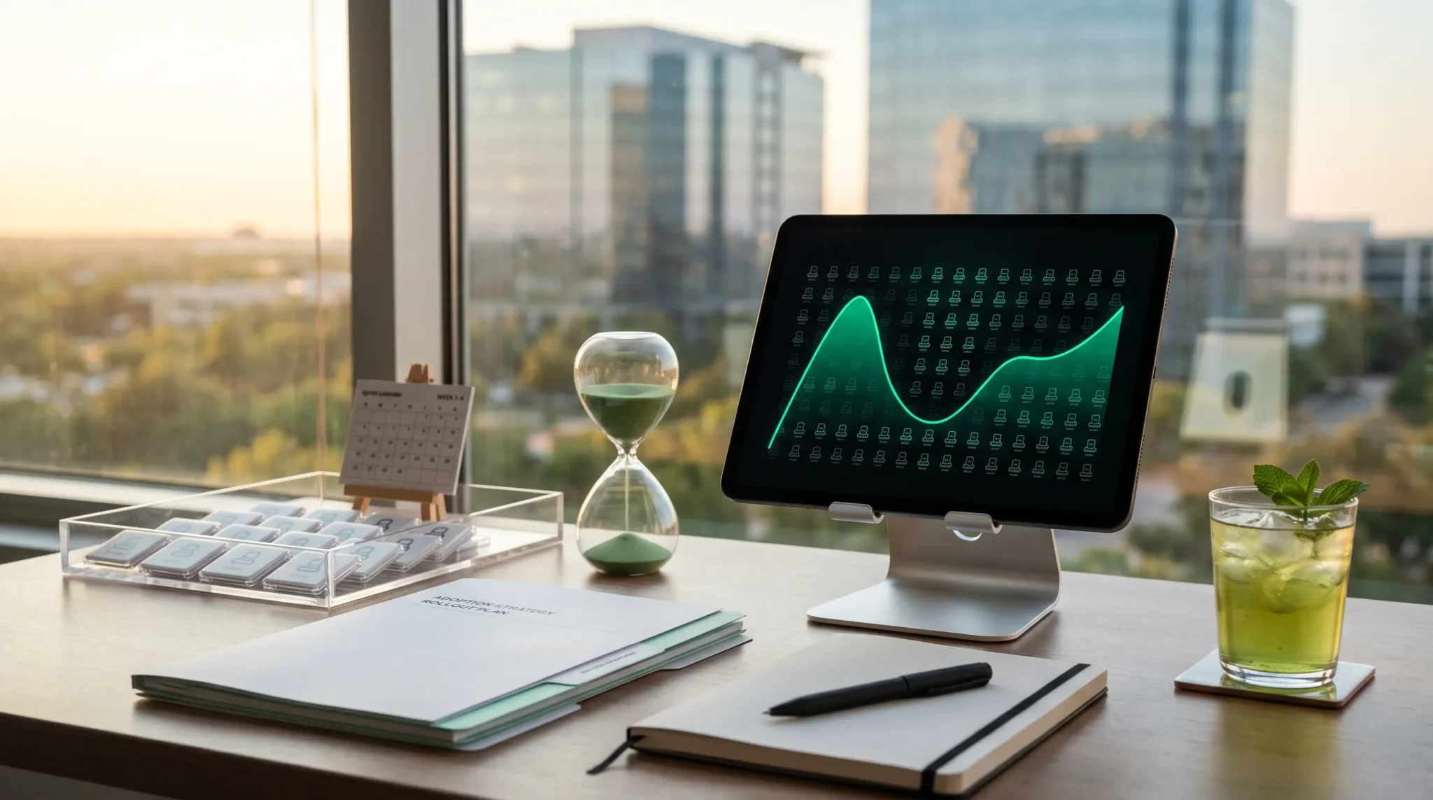 chatgpt enterprise implementation consultant workspace with tablet interface and Plano Texas corporate skyline