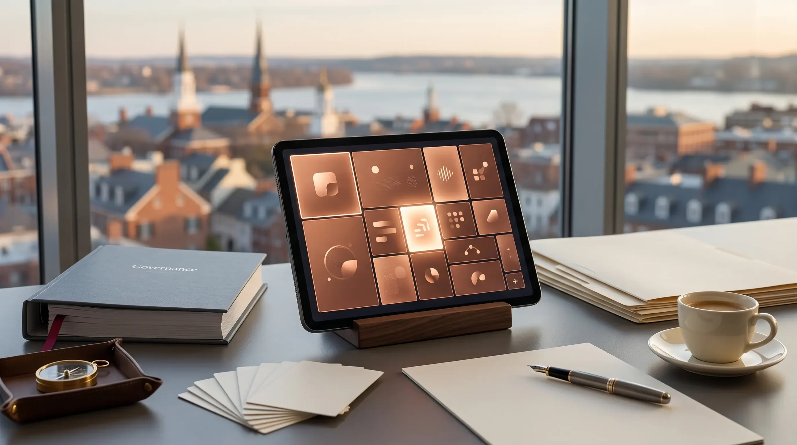 claude consultant for enterprise workspace with tablet interface and Alexandria Virginia waterfront skyline