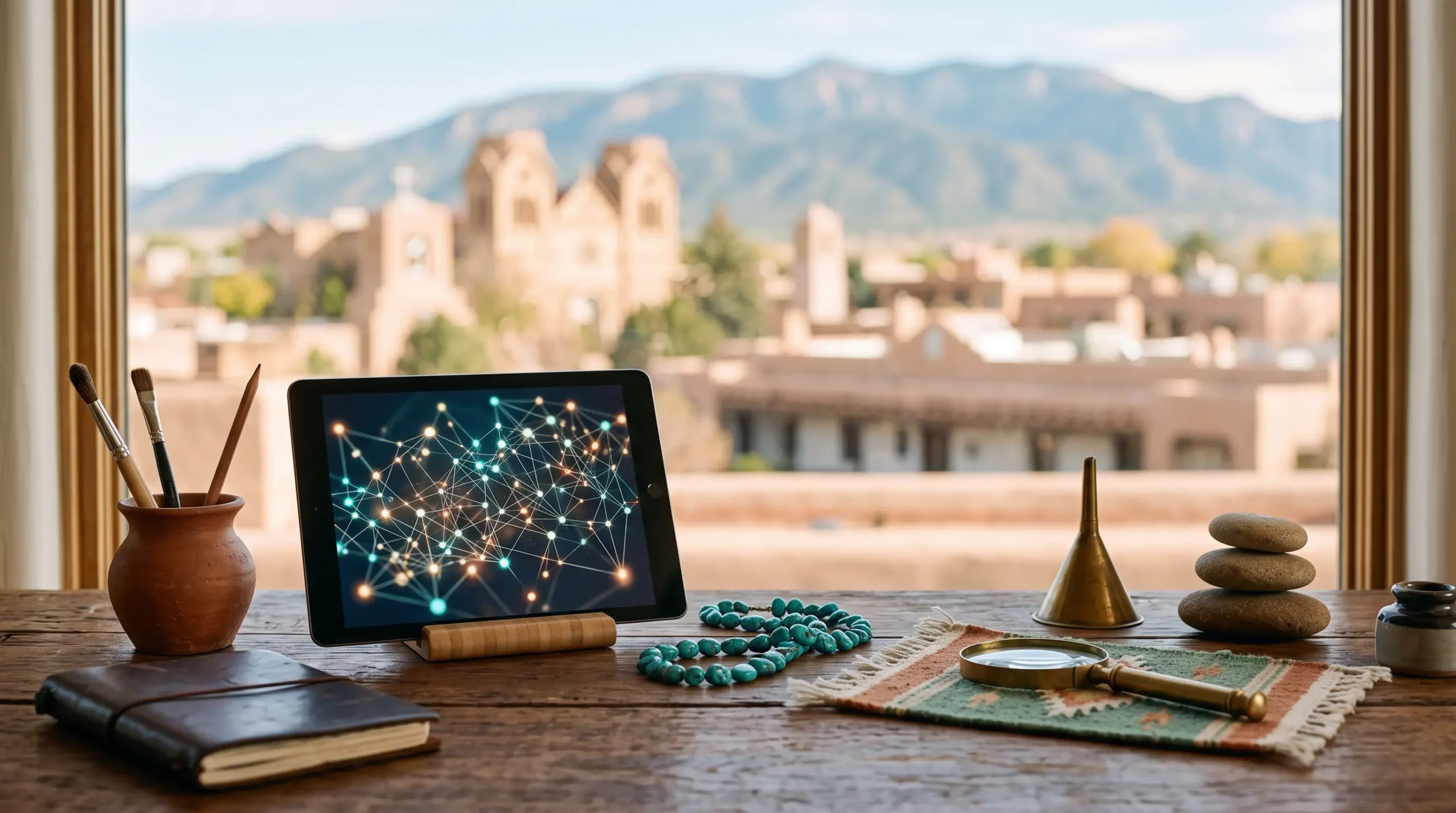 clay agency consulting model workspace with tablet interface and Portland Maine harbor skyline