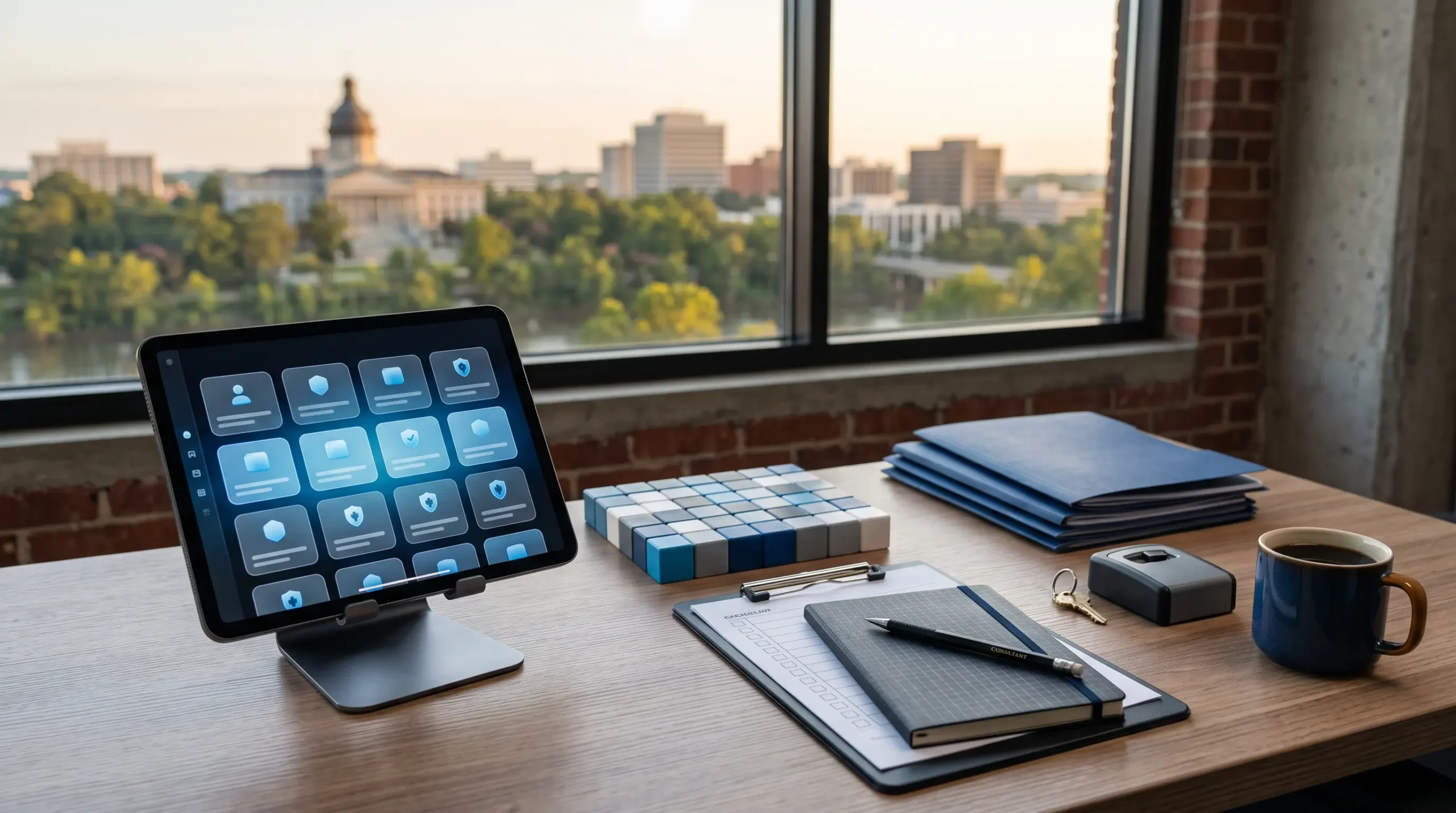 copilot studio consultant for microsoft shops workspace with tablet interface and Columbia South Carolina skyline
