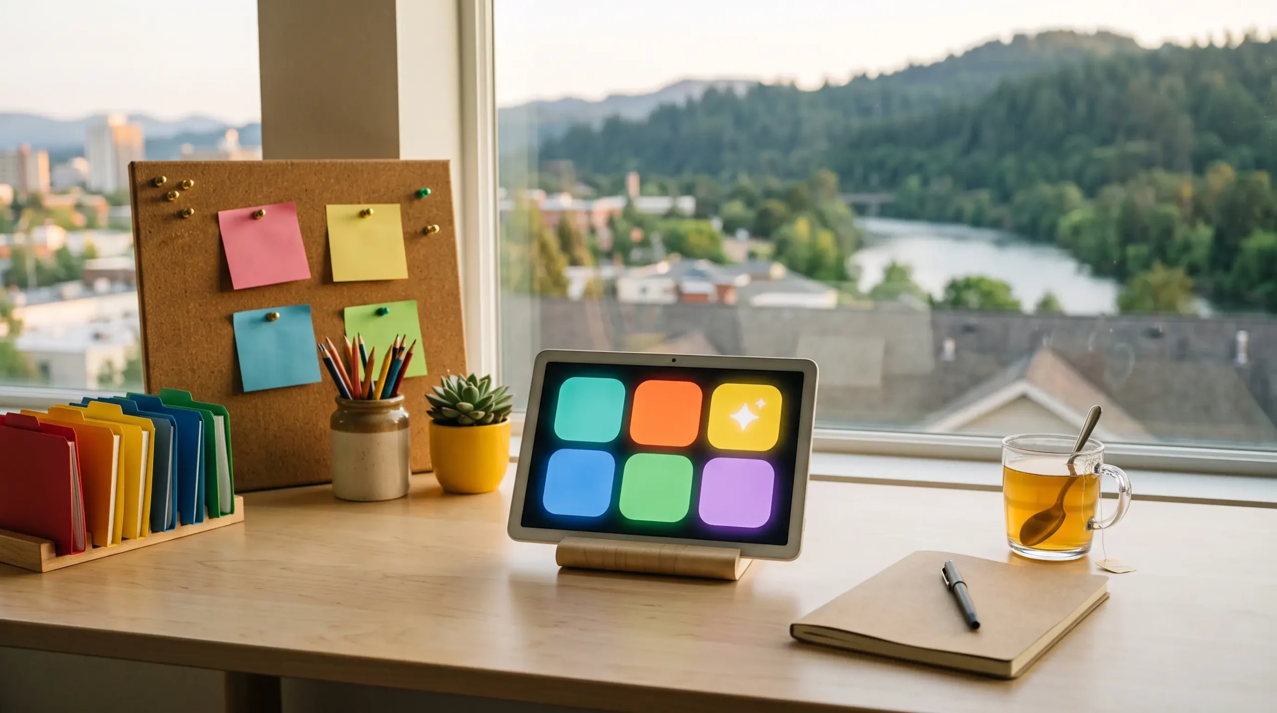 google workspace ai consultant workspace with tablet interface and Eugene Oregon forested skyline