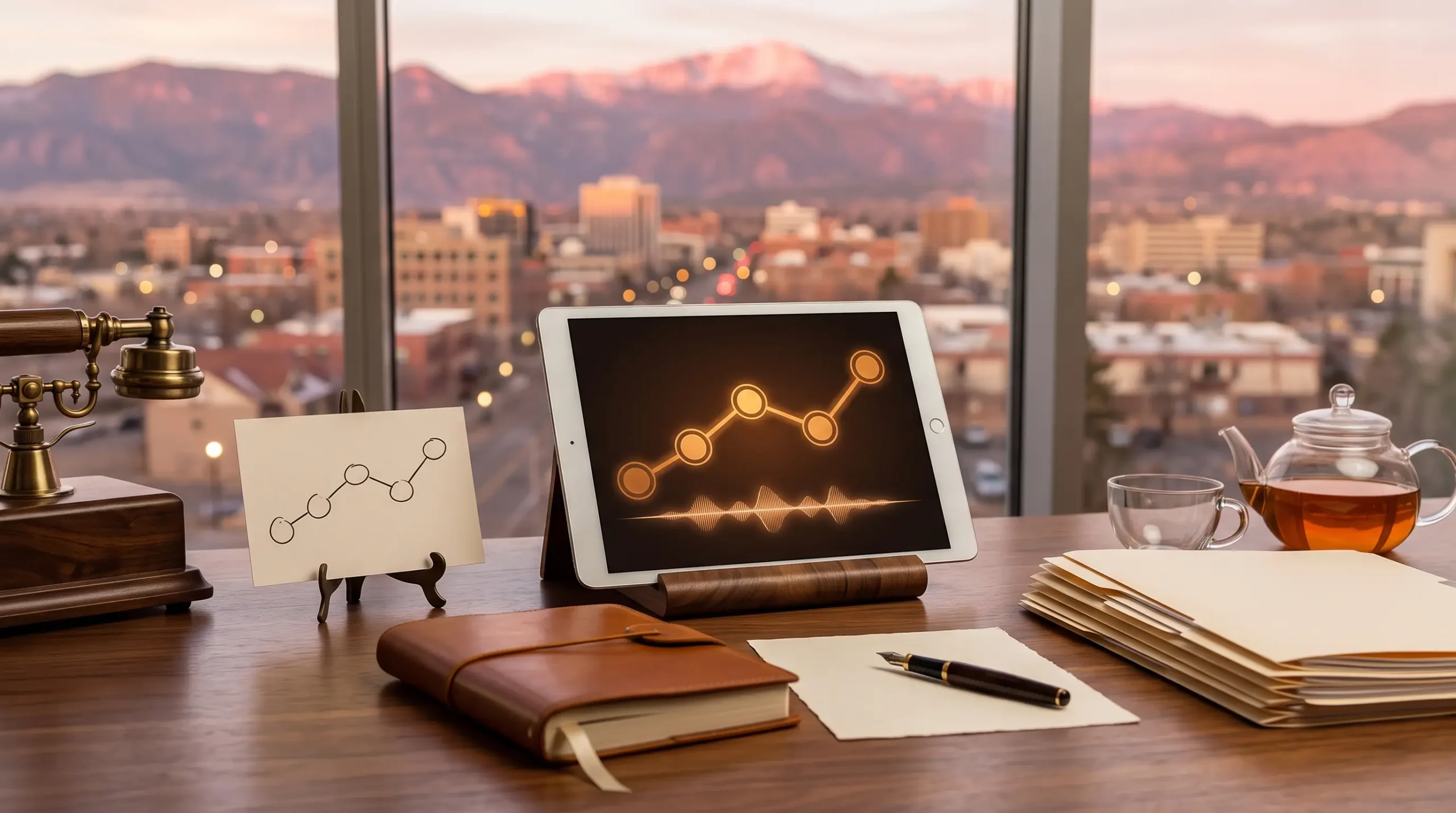 helios ai consultant playbook workspace with tablet interface and Colorado Springs mountain skyline
