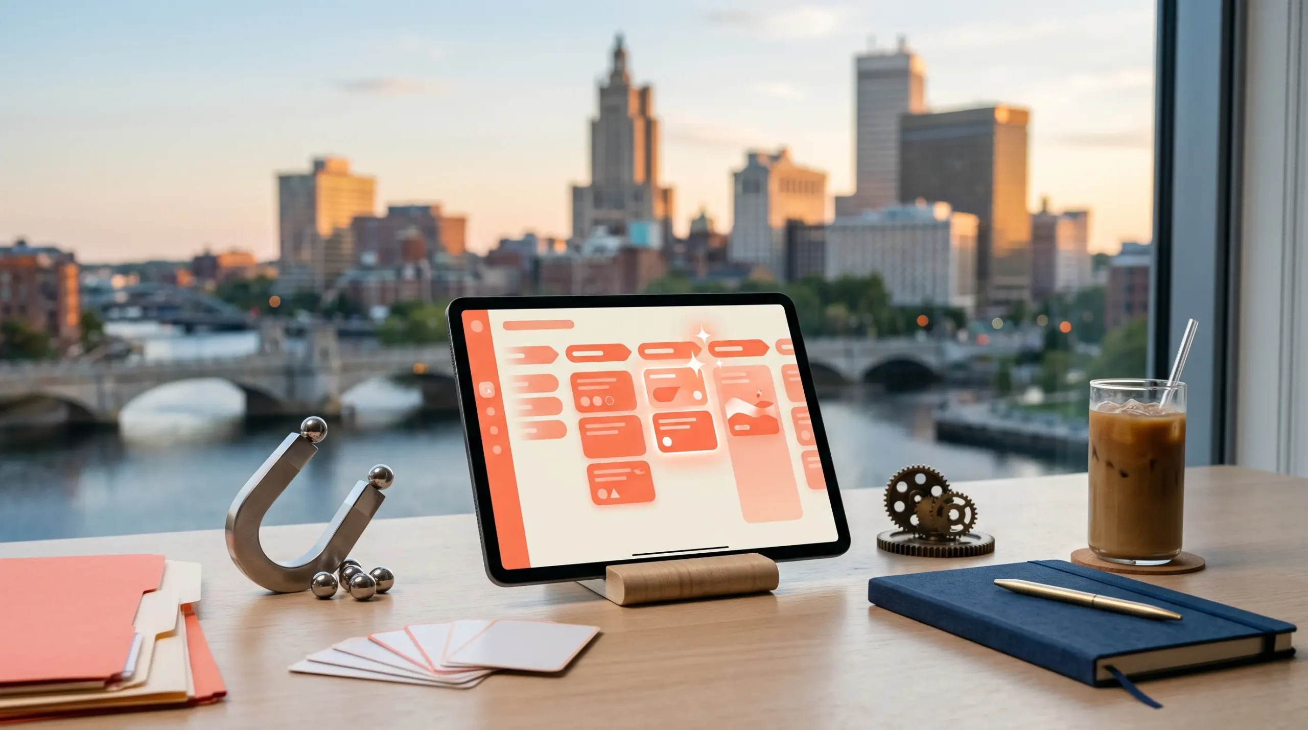 hubspot ai consultant workspace with tablet interface and Providence Rhode Island river skyline