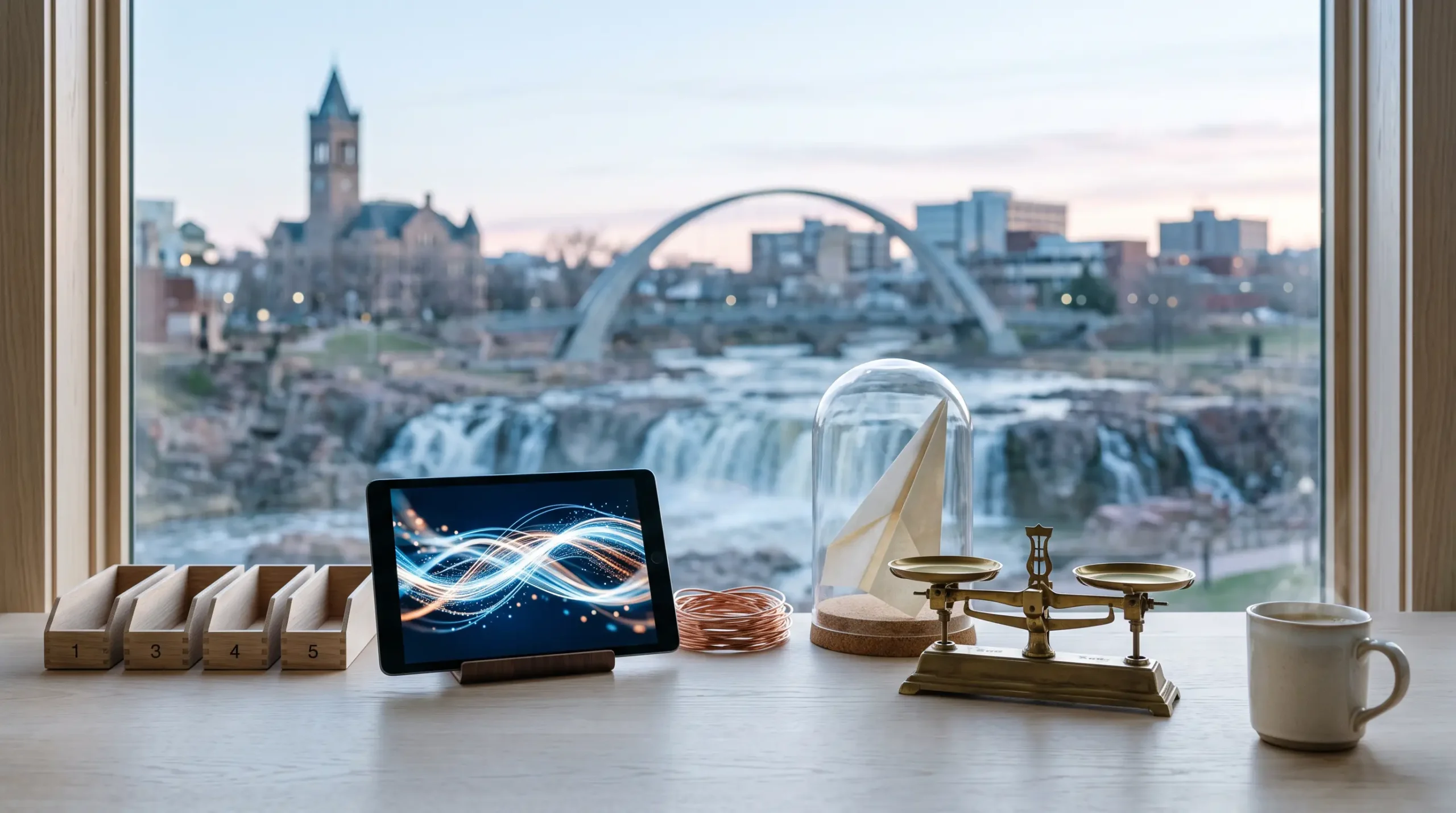 instantly ai consultant outreach business workspace with tablet interface and Sioux Falls South Dakota river skyline