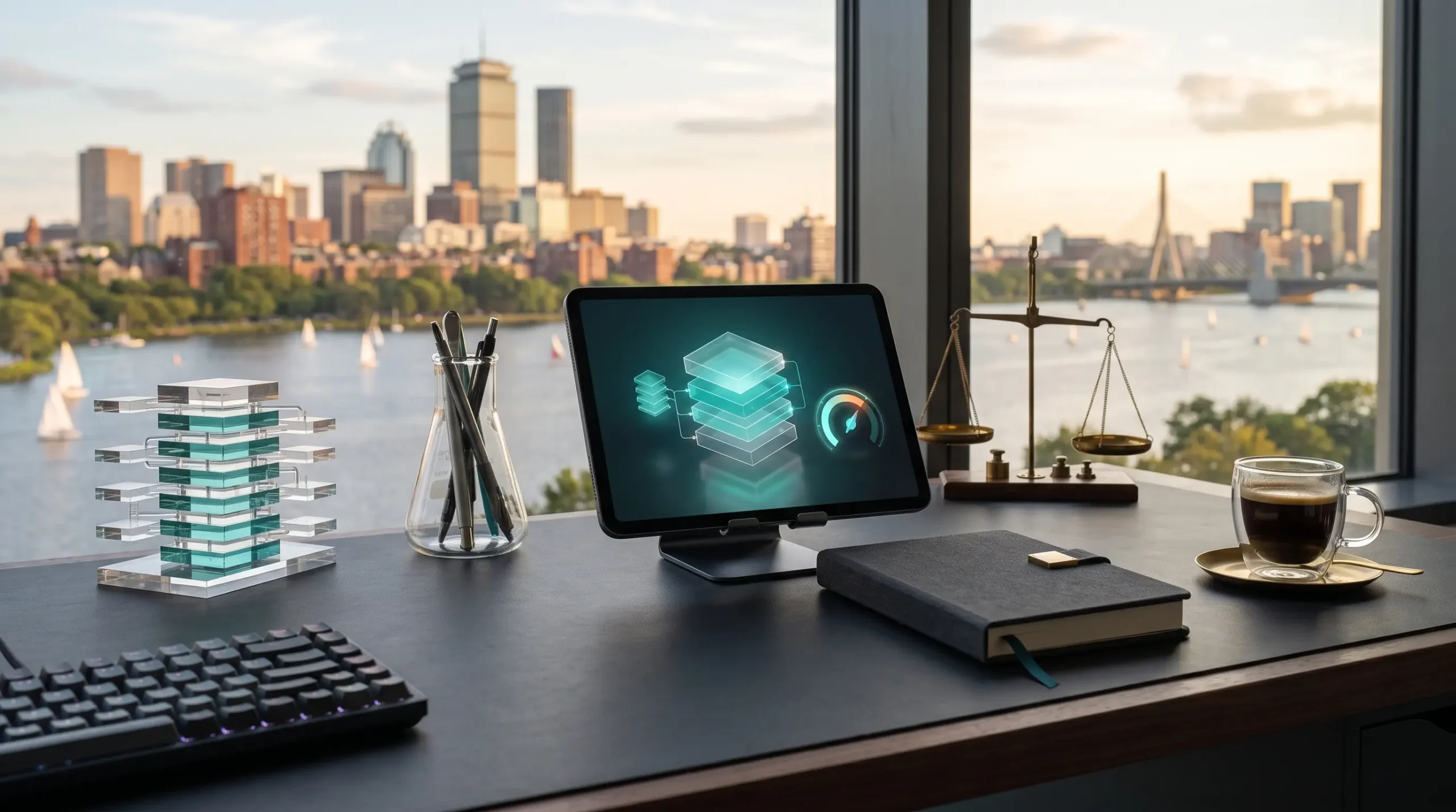 openai api consulting business workspace with tablet interface and Cambridge Massachusetts riverfront skyline