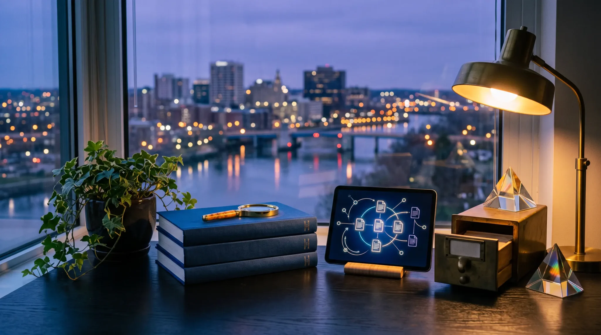 rag systems consultant for enterprise workspace with tablet interface and Albany New York capitol skyline