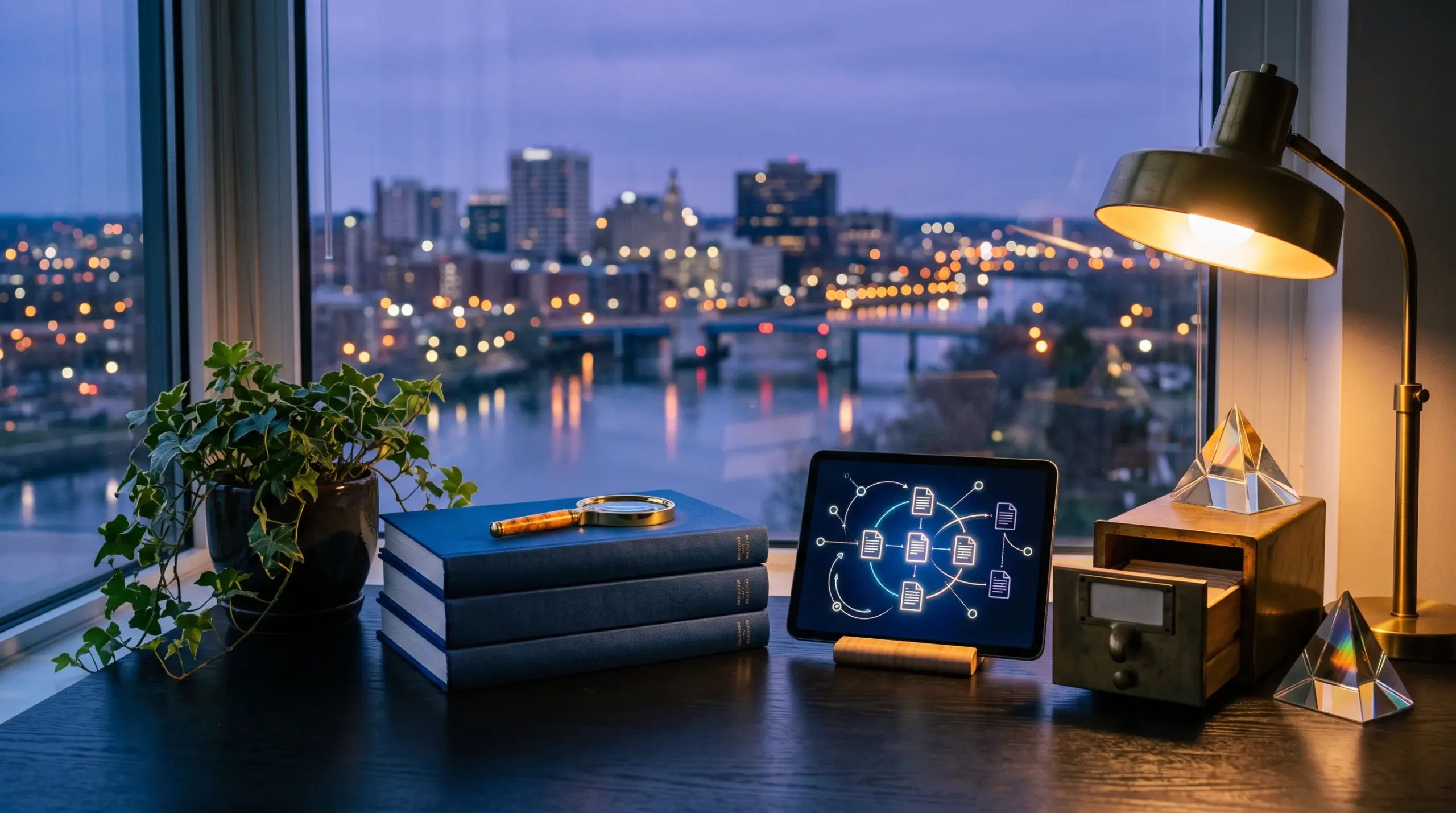 rag systems consultant for enterprise workspace with tablet interface and Albany New York capitol skyline