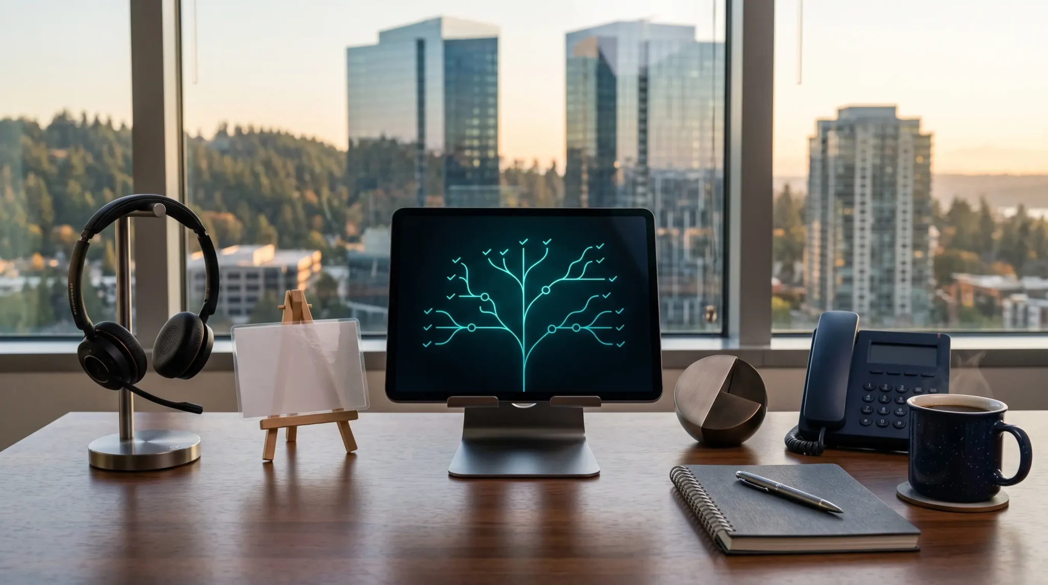 retell ai agency build workspace with tablet interface and Bellevue Washington skyline