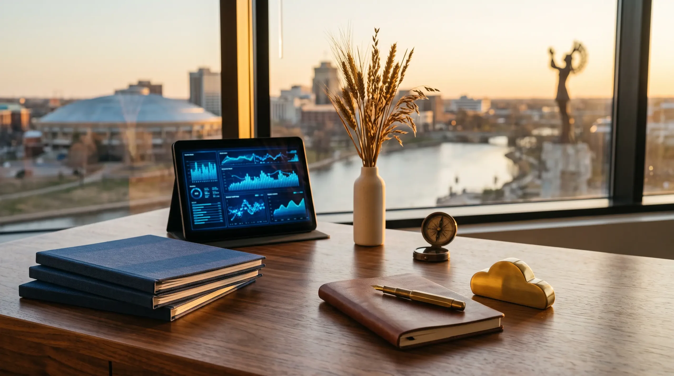 salesforce einstein consultant workspace with tablet interface and Jacksonville Florida riverfront skyline
