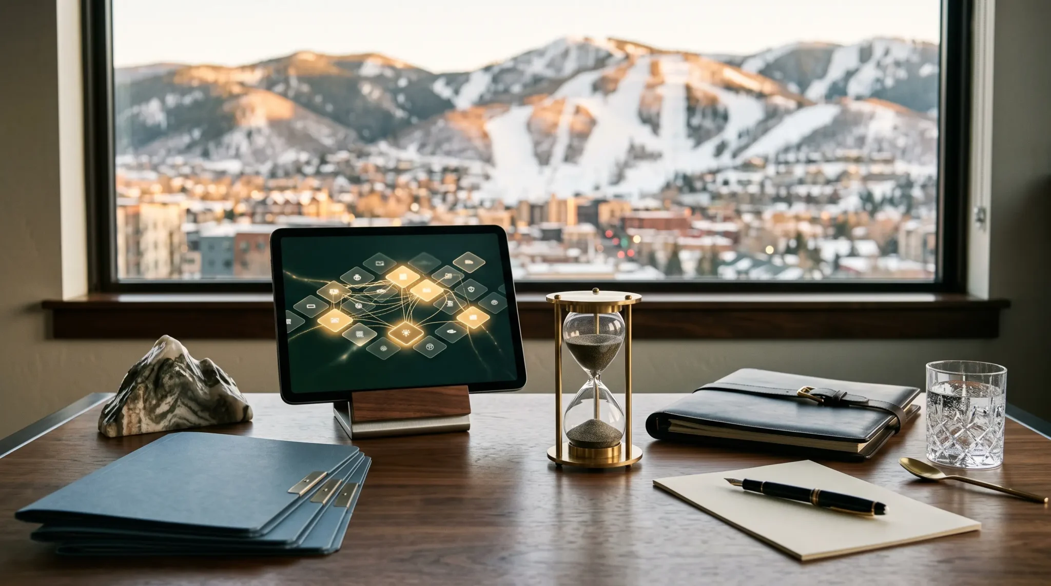selling ai implementation to operating partners workspace with tablet interface and Park City Utah mountain skyline