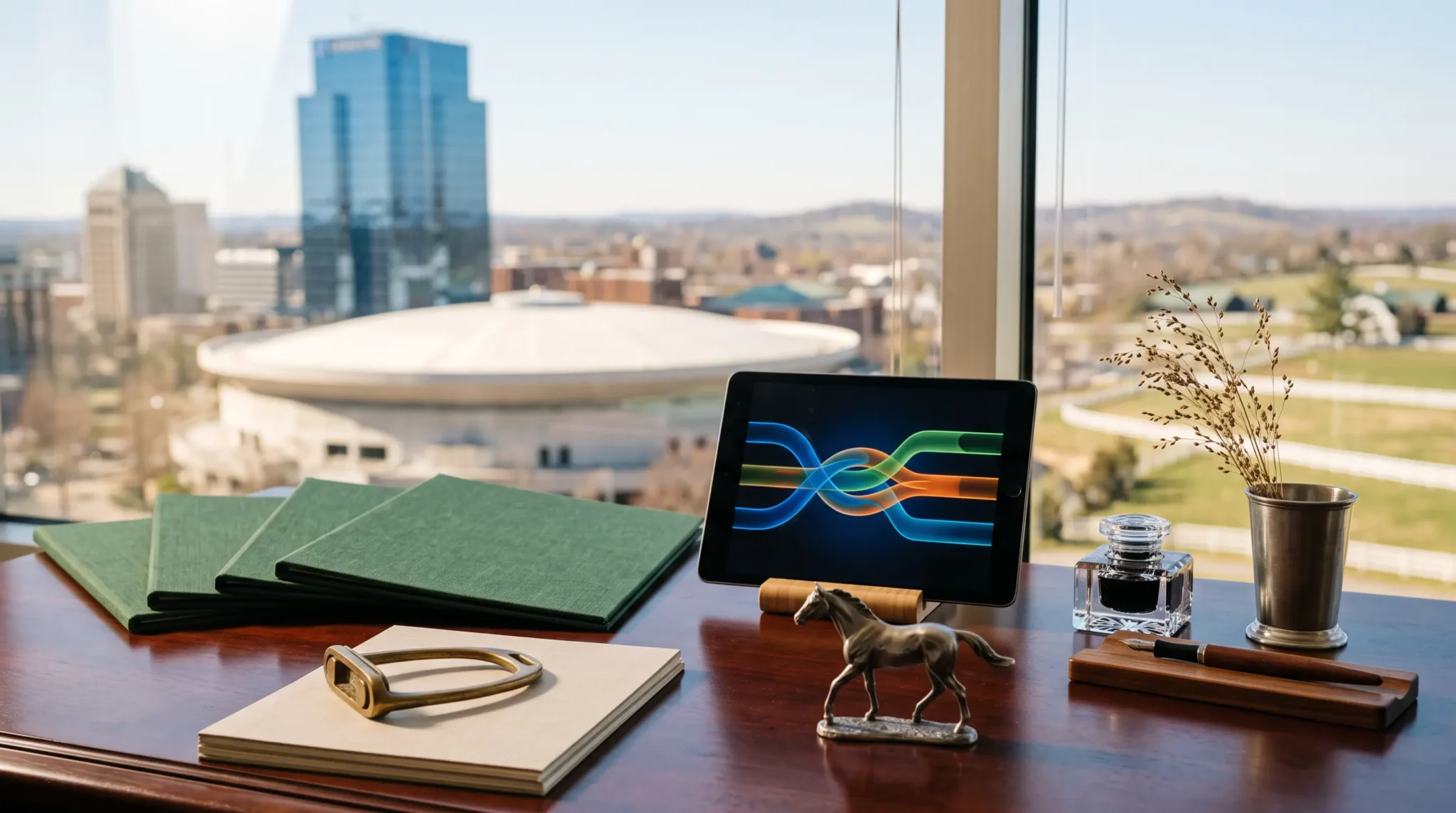 smartlead ai consultant business workspace with tablet interface and Boca Raton Florida palm-lined skyline
