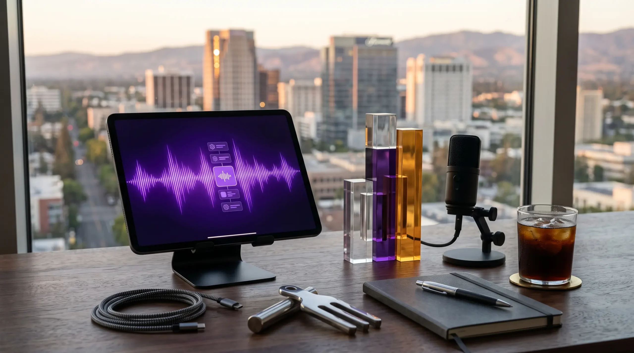 vapi voice agents business model workspace with tablet interface and San Jose California skyline